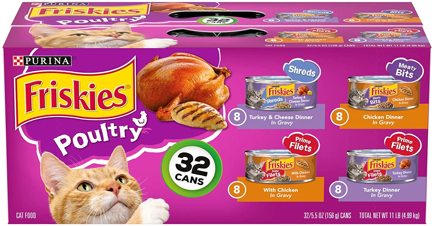 Purina Friskies Gravy Wet Cat Food Variety Pack, Poultry Shreds, Meaty Bits & Prime Filets – (32) 5.5 oz. Cans
