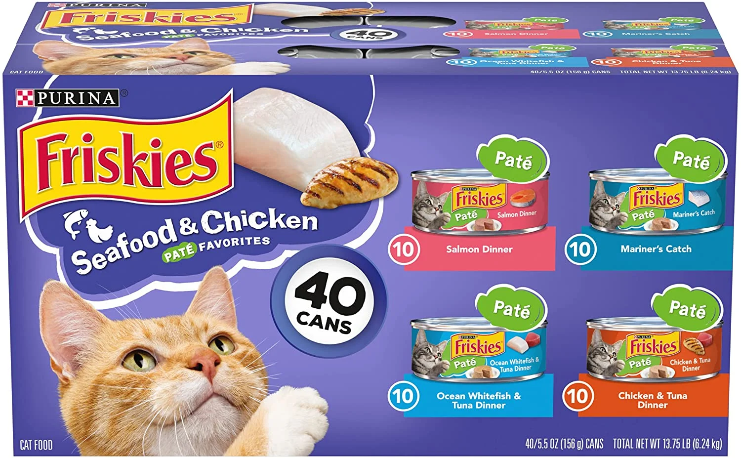 Purina Friskies Pate Wet Cat Food Variety Pack, Seafood & Chicken Pate Favorites – (40) 5.5 oz. Cans