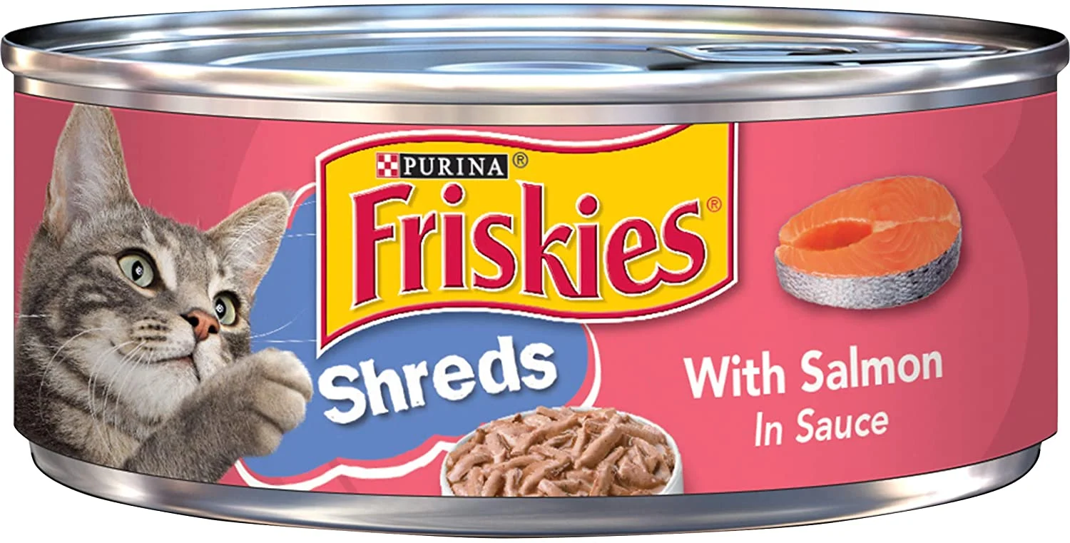 Purina Friskies Wet Cat Food, Shreds With Salmon in Sauce – (24) 5.5 oz. Cans
