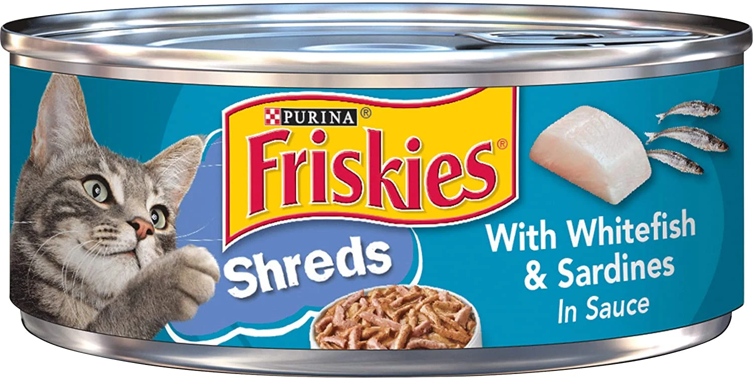 Purina Friskies Wet Cat Food, Shreds With Whitefish & Sardines in Sauce – (24) 5.5 oz. Cans