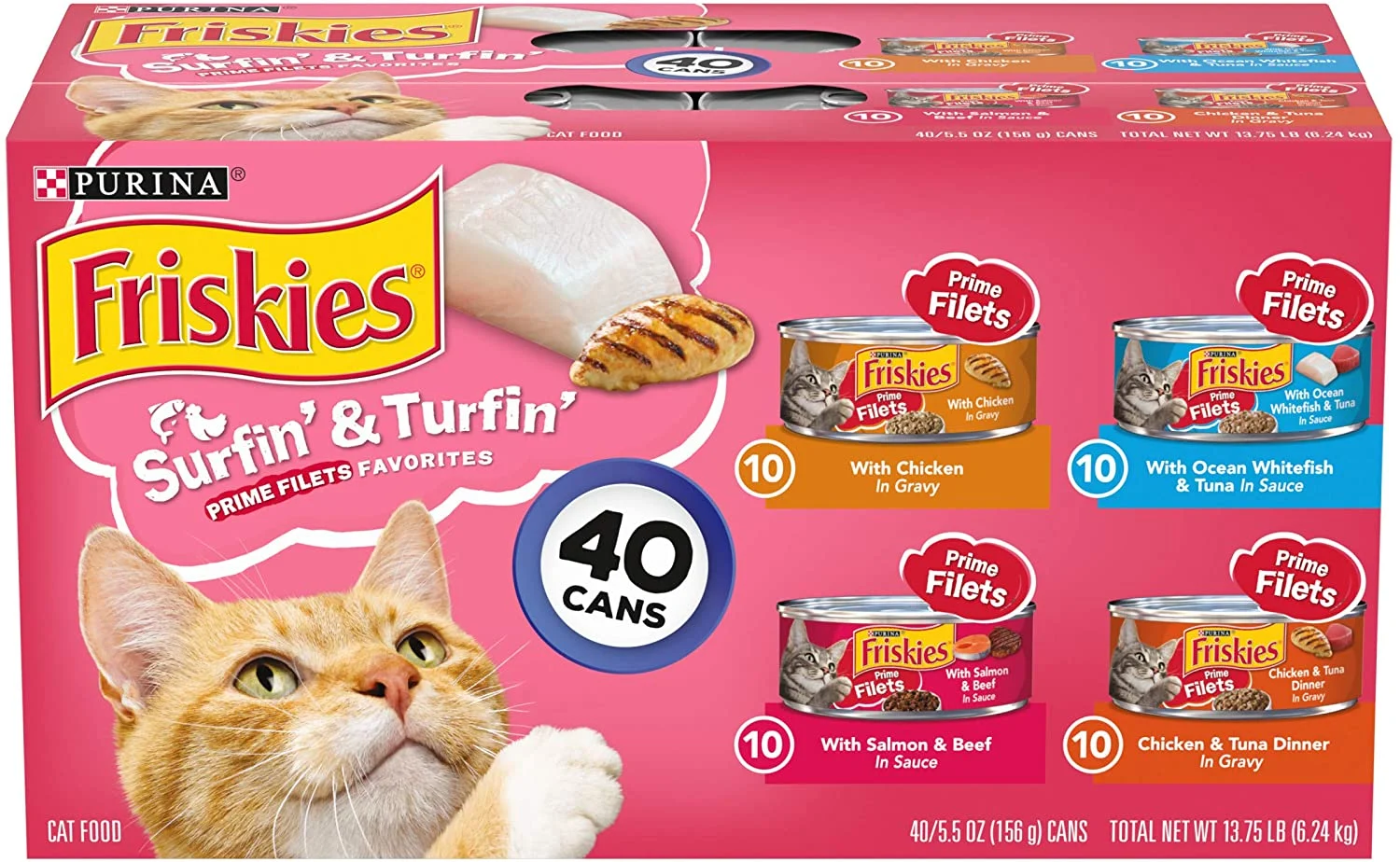 Purina Friskies Wet Cat Food Variety Pack, Surfin’ & Turfin’ Prime Filets Favorites – (40) 5.5 oz. Cans