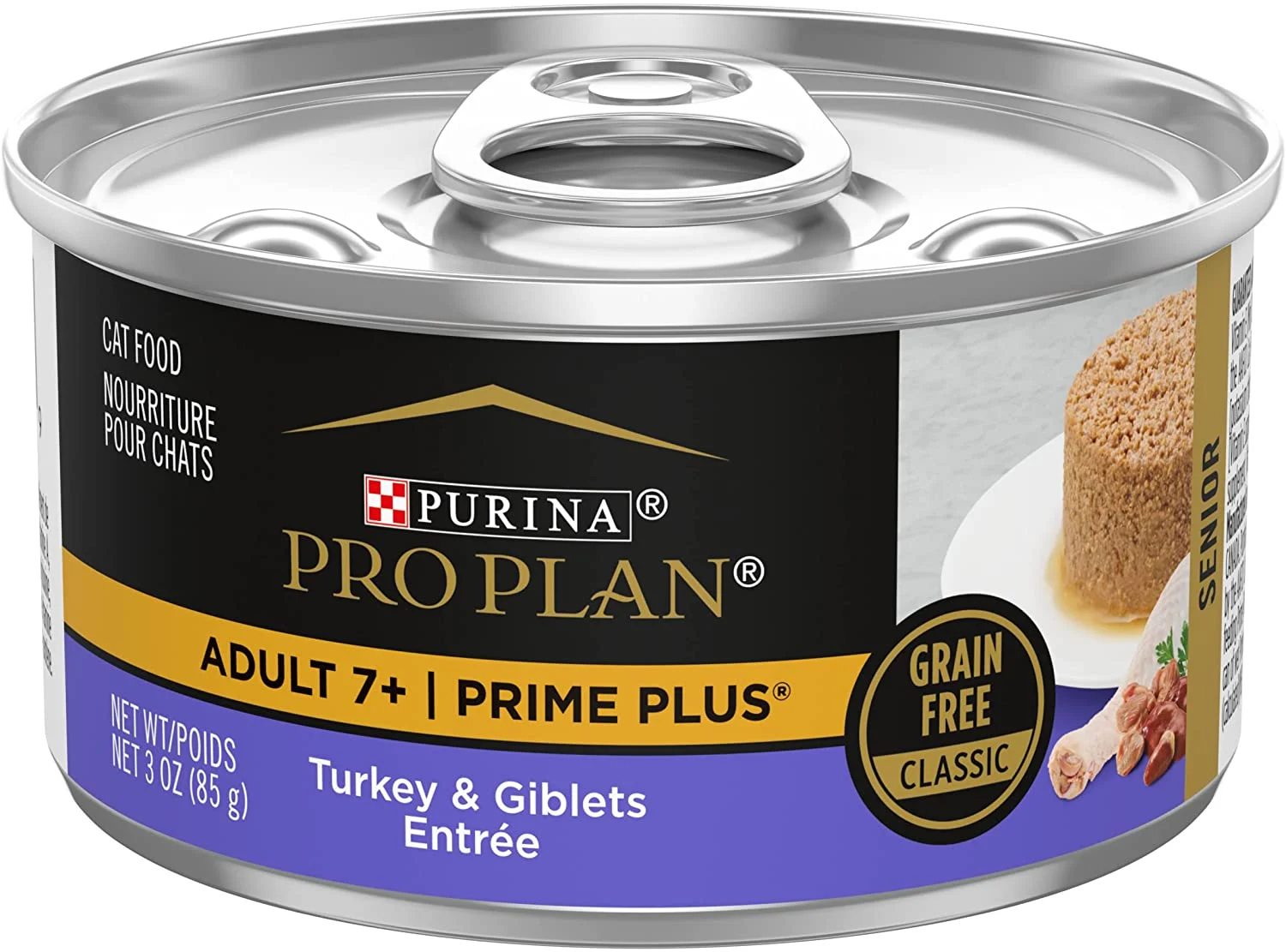 Purina Pro Plan Grain Free Senior 7+ Wet Cat Food Pate, SENIOR Prime Plus Turkey and Giblets Entree – (24) 3 oz. Pull-Top Cans