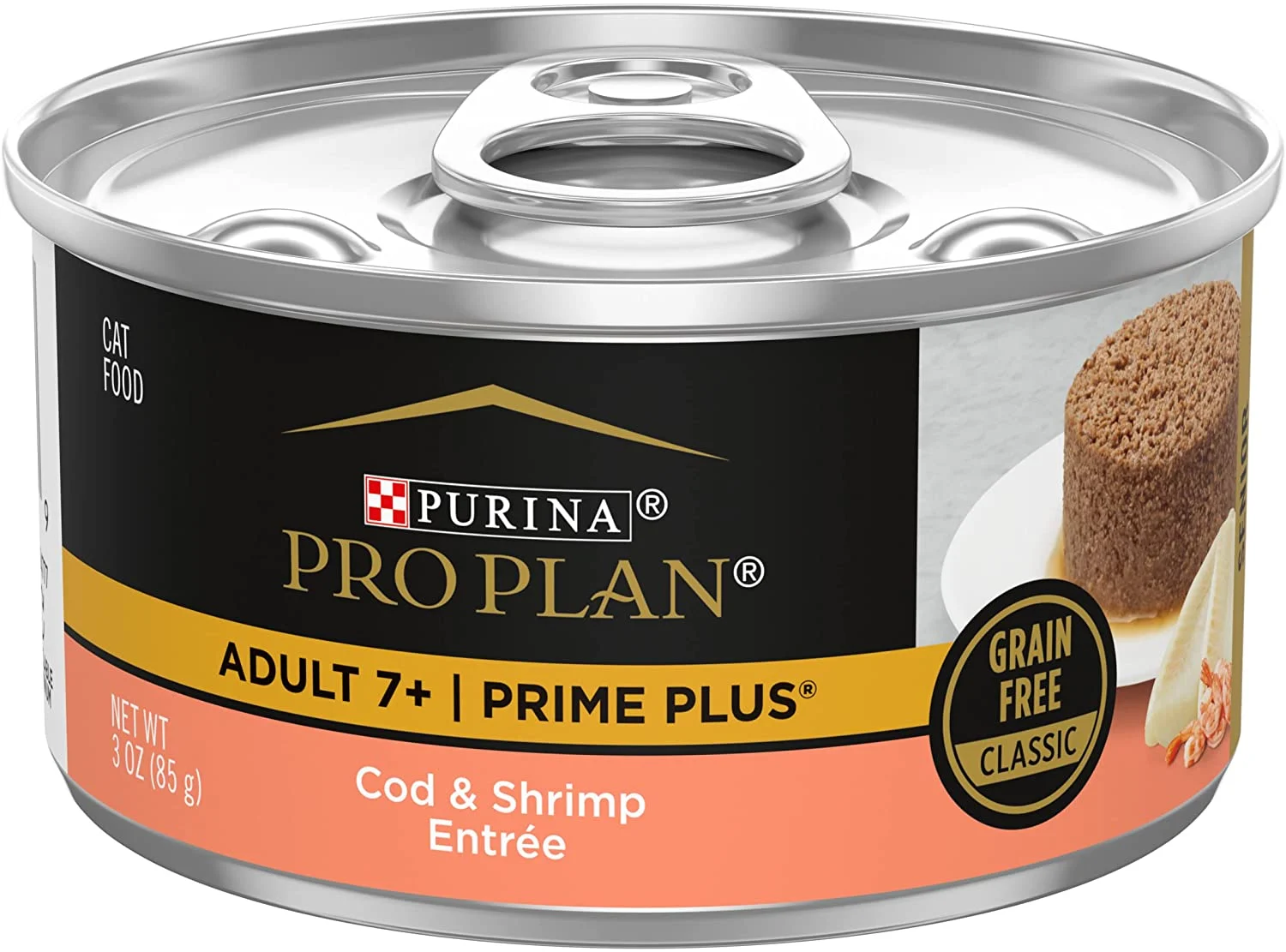 Purina Pro Plan Grain Free Senior Wet Cat Food Pate, SENIOR Prime Plus Cod and Shrimp Entree – (24) 3 oz. Pull-Top Cans