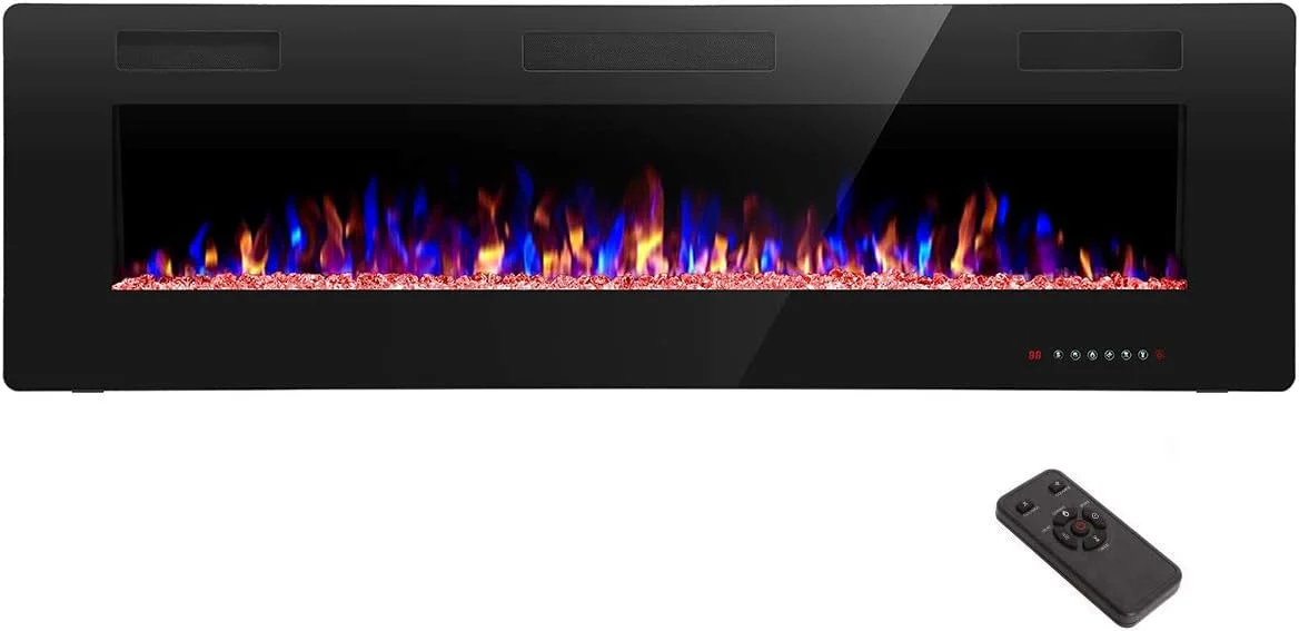 R.W.FLAME 60″ Recessed and Wall Mounted Electric Fireplace, Low Noise, Fit for 2 x 6 Stud, Remote Control with Timer, Touch Screen, Adjustable Flame Color and Speed, 750-1500W