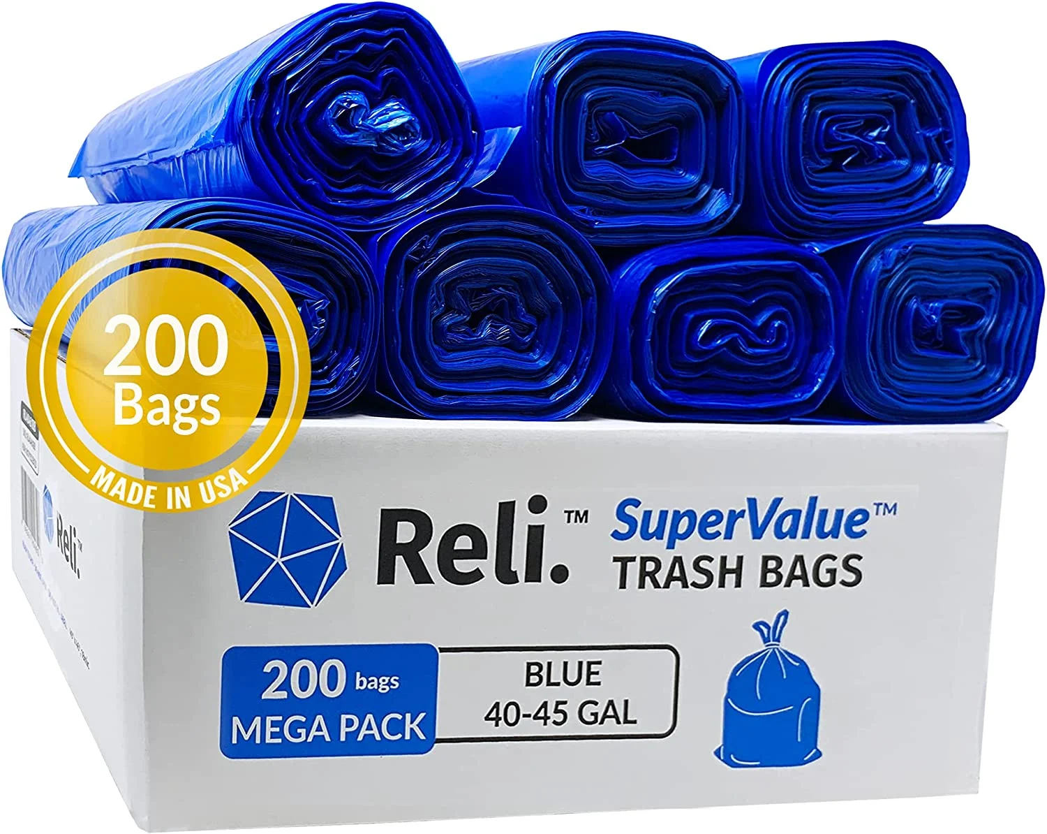 Reli. SuperValue 40-45 Gallon Recycling Bags (200 Count, Bulk) Blue Trash Bags for Recycling, Made in USA (40 Gallon – 42 Gallon – 45 Gallon Trash Bags) Large Garbage Bags/Can Liners 40-45 Gal, Blue