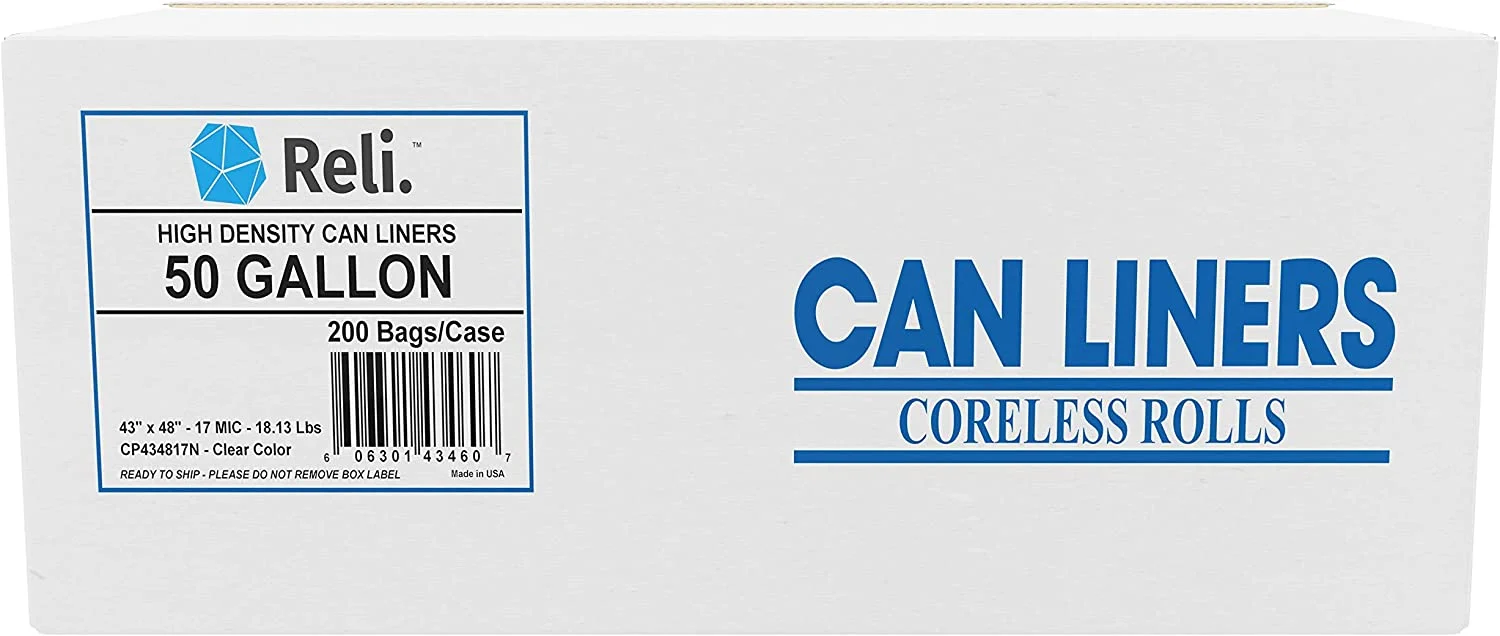 Reli. Trash Bags, 50 Gallon (200 Count) (Clear), Made in USA | Star Seal High Density – Easy Grab Rolls – Can Liners, Garbage Bags with 45 Gallon (45 Gal) – 50 Gallon (50 Gal) Capacity