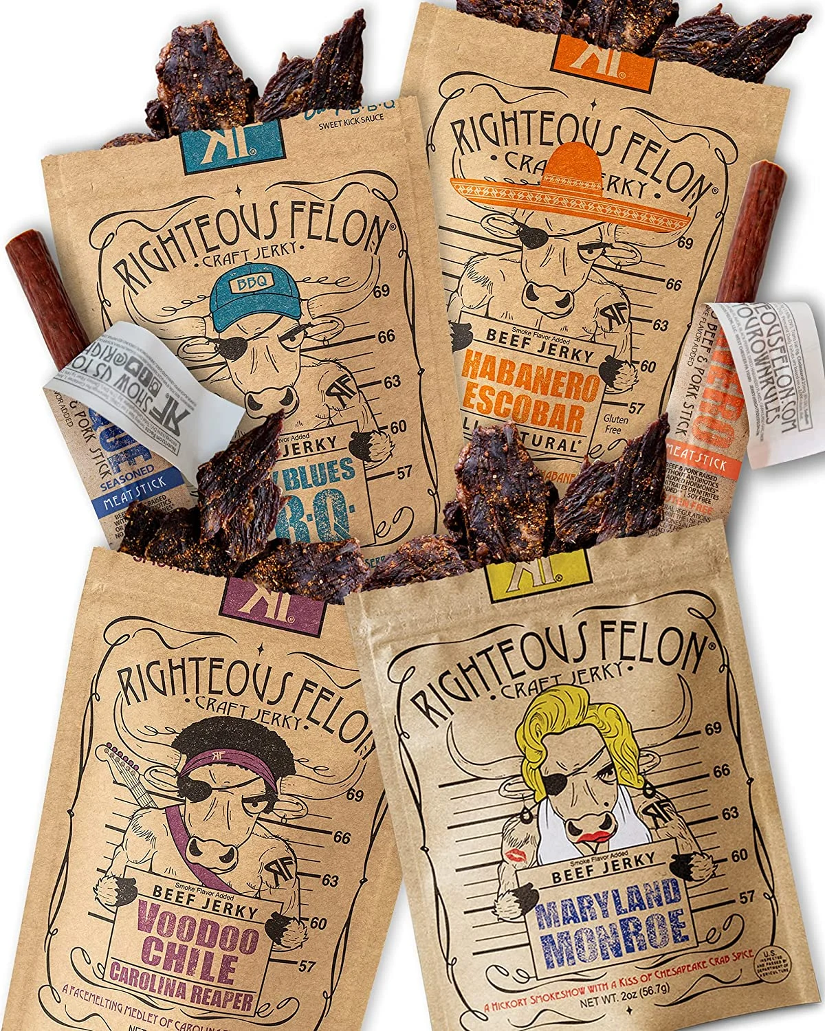 Righteous Felon Beef Jerky and Meat Sticks Variety Pack Low Calorie Gluten-Free Healthy Snacks Bundle Spicy 6 Pack