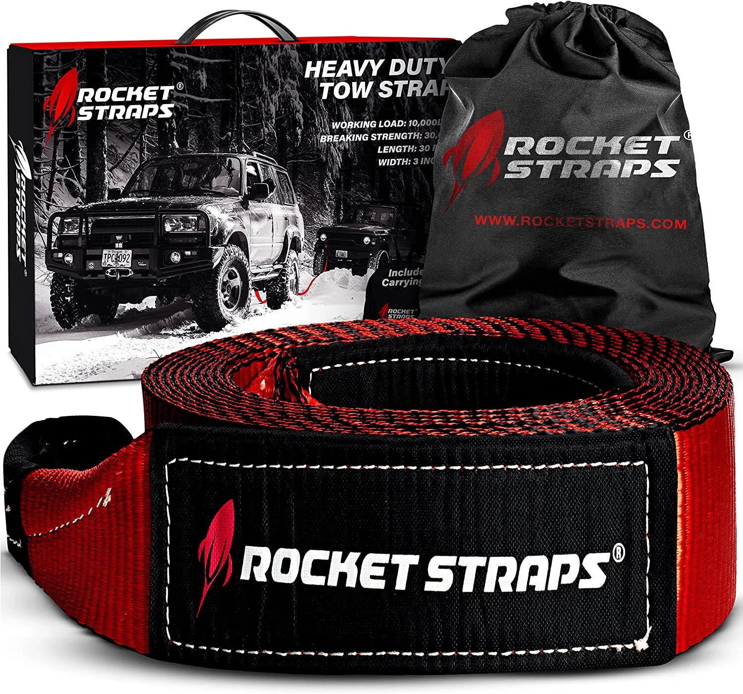 Rocket Straps Tow Strap – 3′ x 30′ Heavy Duty Tow Strap | 30,000 Pound Rated Capacity Recovery Strap | Vehicle Tow Straps with Protected Loop Ends | Emergency Off-Road Tow Rope | storage bag