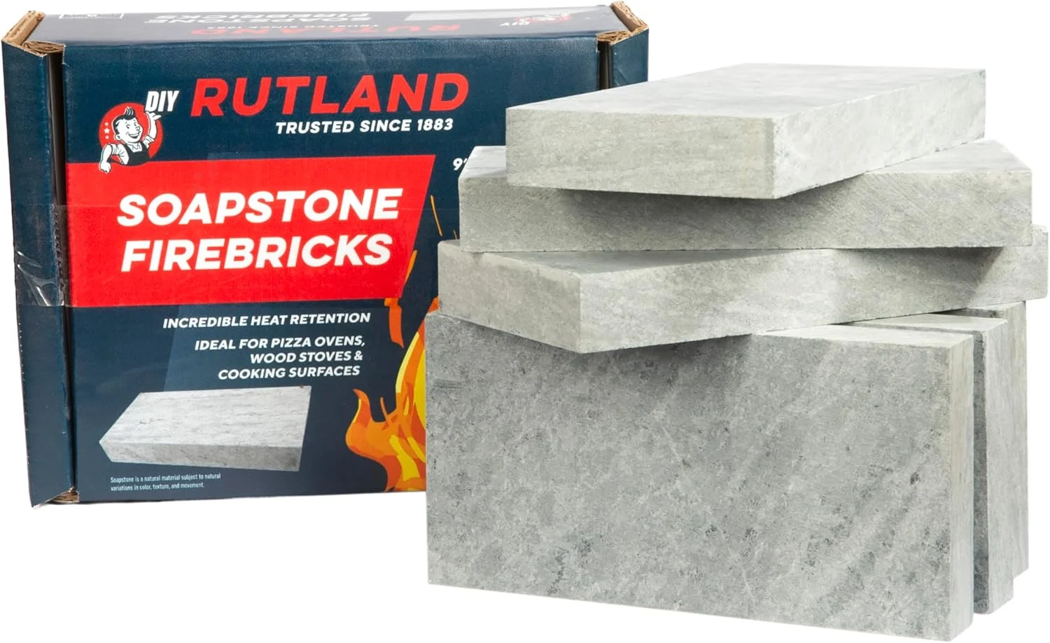 Rutland Soapstone Fire Bricks, Premium Firebricks for Wood-Burning Fireplaces & Woodstoves, Blue-Gray, 2,700+ F, Case of 6