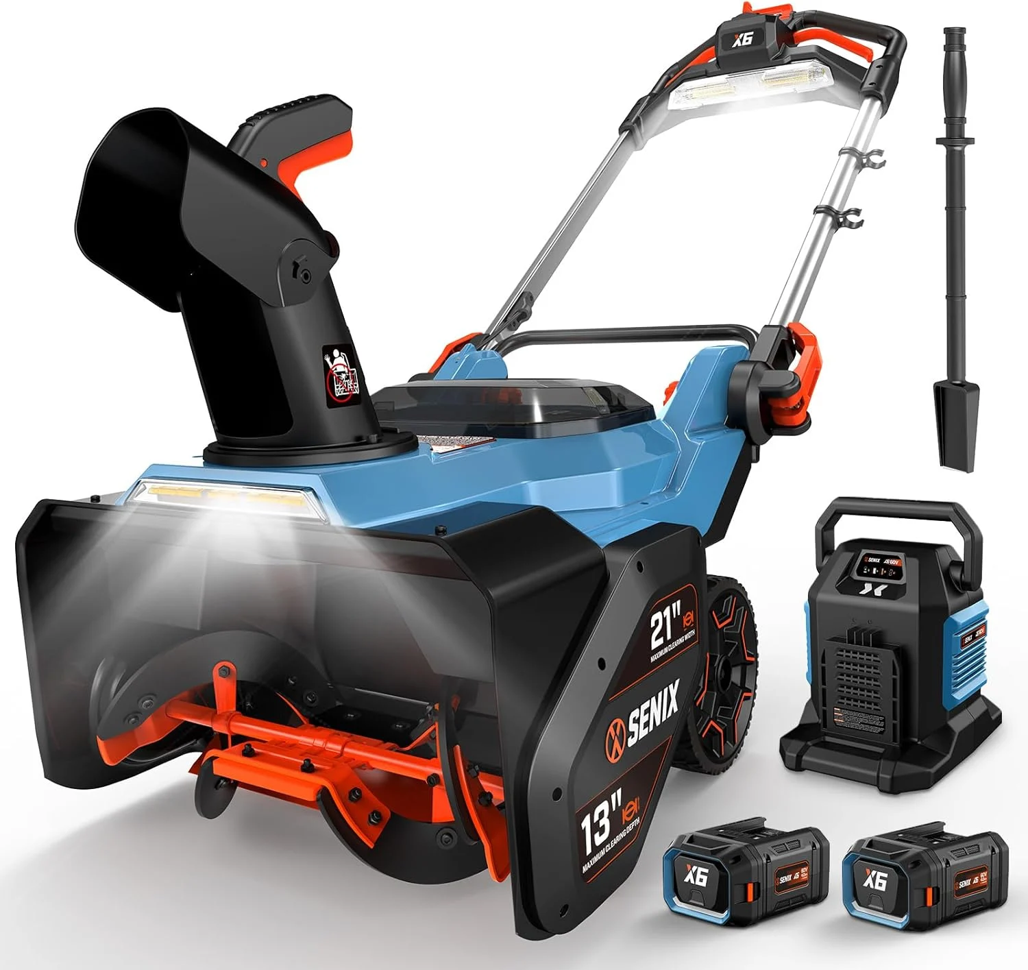 SENIX 60V 21″ Auger-propelled Cordless Snow Blower, Steel Auger, 3500W Brushless Motor, Heated Handle,13″ Depth, 45FT Throw Distance, LED Lights, 16000mAh Batteries & Dual Port Charger,1200lbs/min