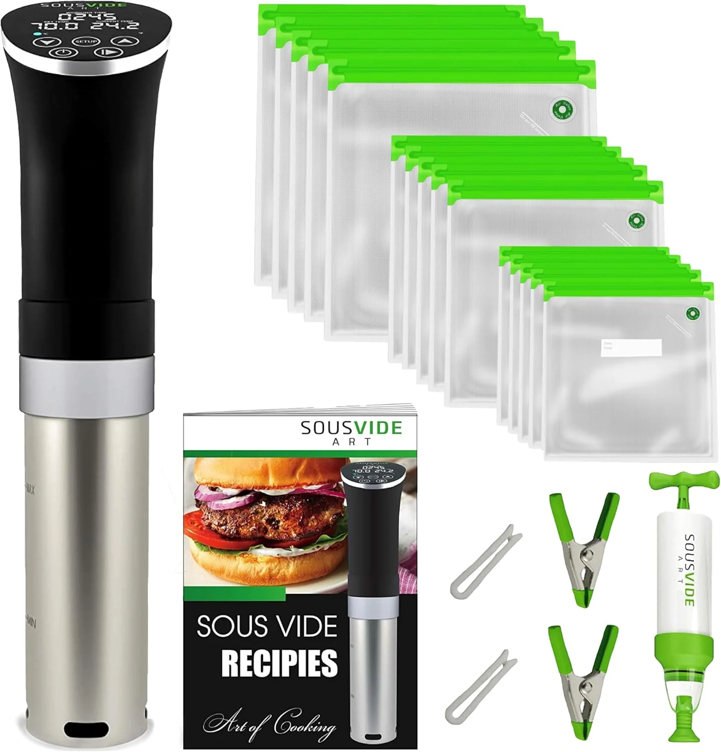 SOUSVIDE ART Sous Vide Cooker Kit – 1000W Immersion Circulator – 15 Vacuum Bags, Pump, Digital Timer and Temperature Control; Complete Sous Vide Machine Cooking Kit for Home Chefs and Beginners