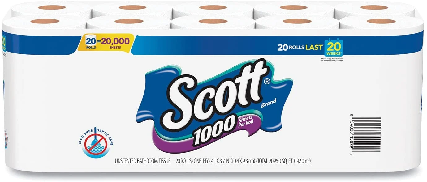 Scott 1000 Bathroom Tissue, 1-Ply, White, 1000 Sheet/Roll, 20/Pack