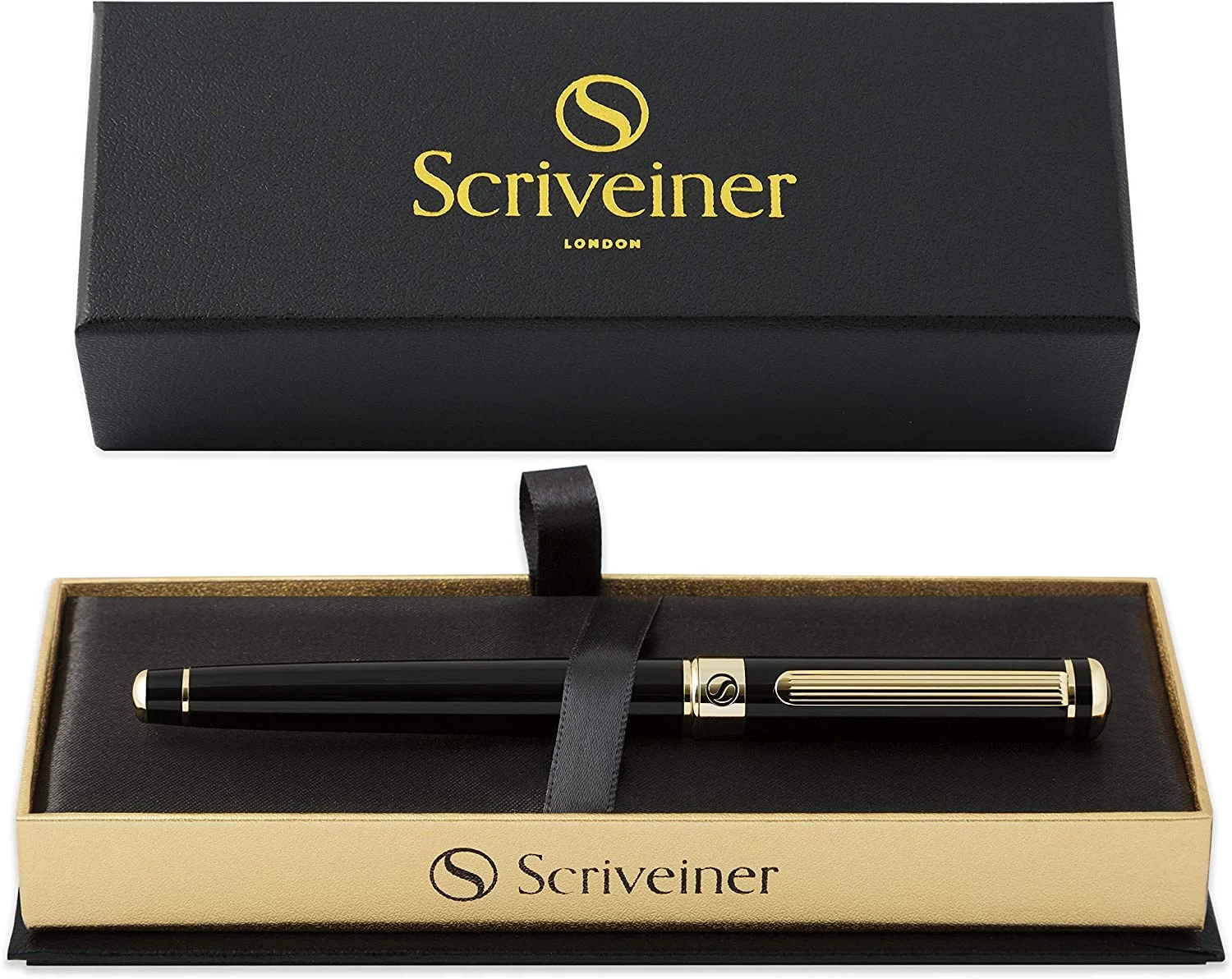 Scriveiner Black Lacquer Rollerball Pen – Stunning Luxury Pen with 24K Gold Finish, Schmidt Ink Refill, Best Roller Ball Pen Gift Set for Men & Women, Professional, Executive Office, Nice Pens