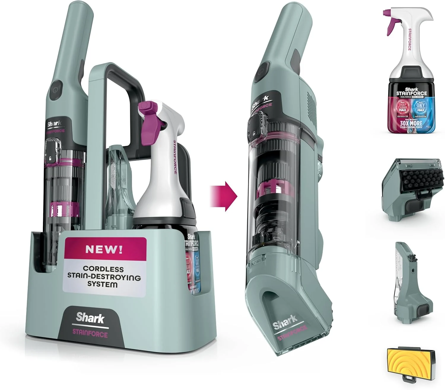 Shark StainForce Cordless Portable Spot, Stain, & Odor Remover System for Carpets, Area Rugs, Upholstery, Stairs, with Storage Caddy, Accessories, and Full-Size Cleaning Solution, HX101 (NEW)