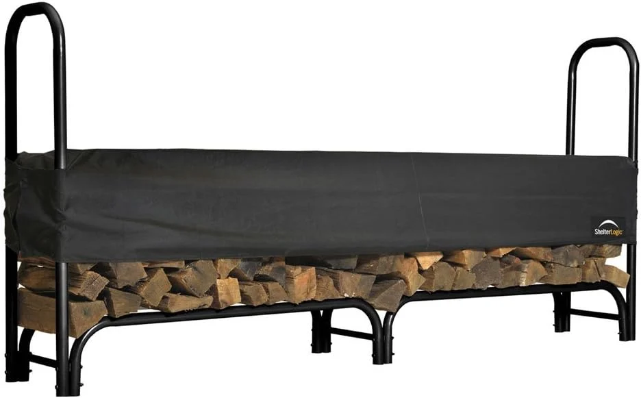 ShelterLogic 8′ Adjustable Heavy Duty Outdoor Firewood Rack with Steel Frame Construction and Water-Resistant Cover