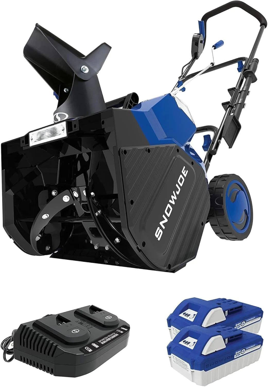Snow Joe 48V Cordless Snow Blower Kit w/ 2x 4Ah Batteries, Dual-Port Charger & LED Headlight, 18″ Clearing Path – Heavy-Duty Winter Blower for Driveways, Patios & Sidewalks, 24V-X2-SB18