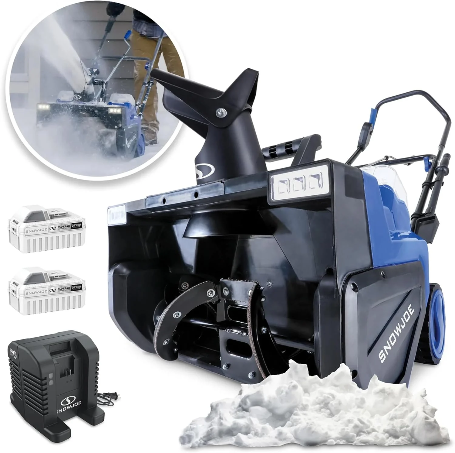 Snow Joe 48V Cordless Snow Blower Kit with 2X 8Ah Batteries, Dual-Port Charger & LED Headlights, 1600W Brushless Motor, 22″ Clearing Path – Ice Removal for Driveways, Patios & Sidewalks, 24V-X2-SB22