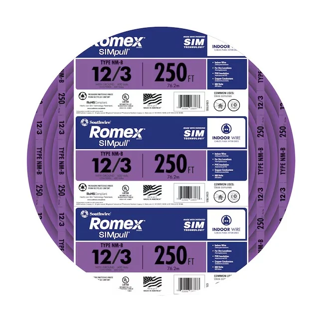 Southwire 63947855 250-ft 12 / 3 / Romex SIMpull Solid Indoor CU NM-B W/G Individual pack ( By-the-roll )