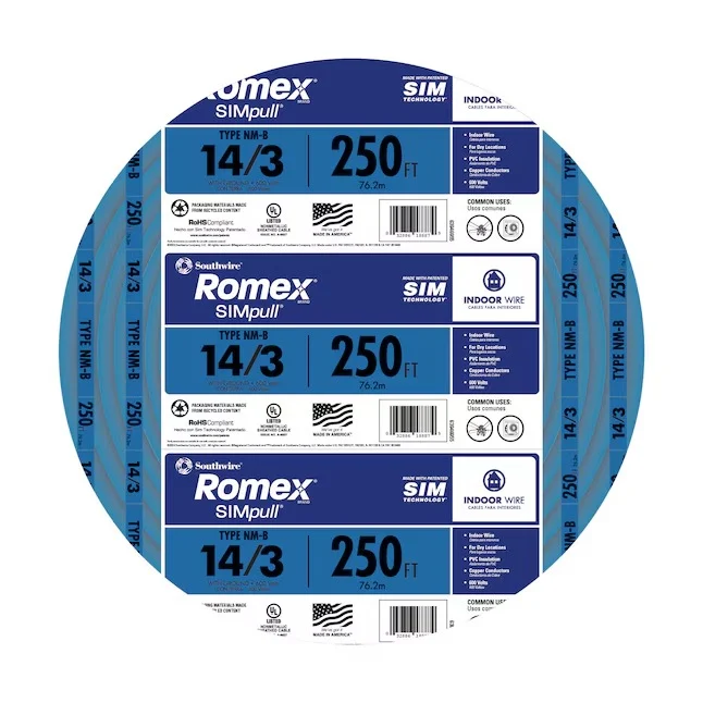 Southwire 63946955 250-ft 14 / 3 / Romex SIMpull Solid Indoor CU NM-B W/G Individual pack ( By-the-roll )