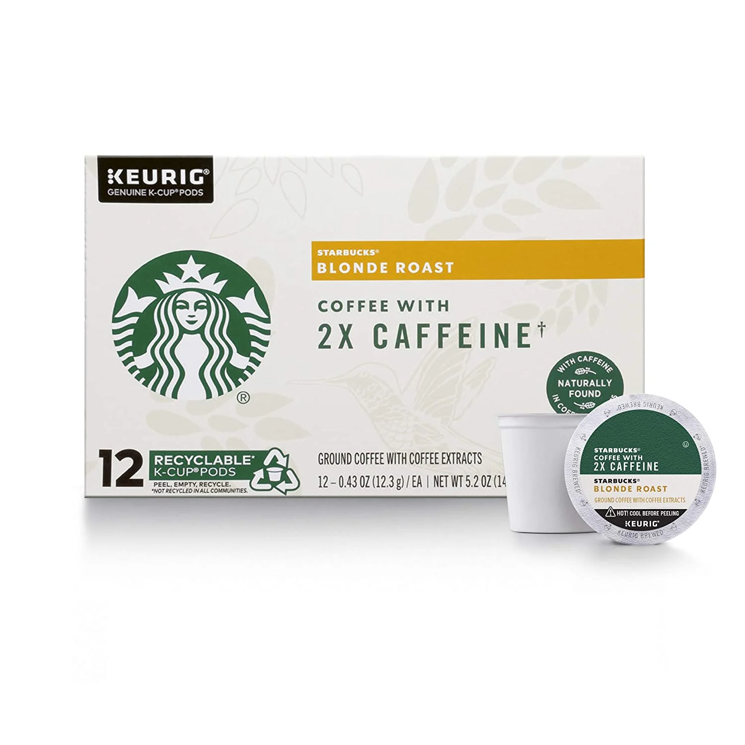 Starbucks Blonde Roast K-Cup Coffee Pods with 2X Caffeine, for Keurig Brewers, 4 boxes (48 pods total)