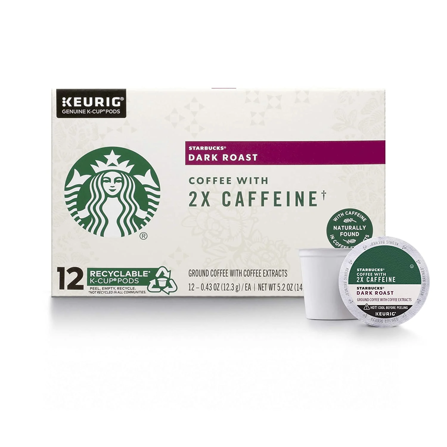 Starbucks Dark Roast K-Cup Coffee Pods with 2X Caffeine, for Keurig Brewers,  4 boxes (48 pods total), 48 Count