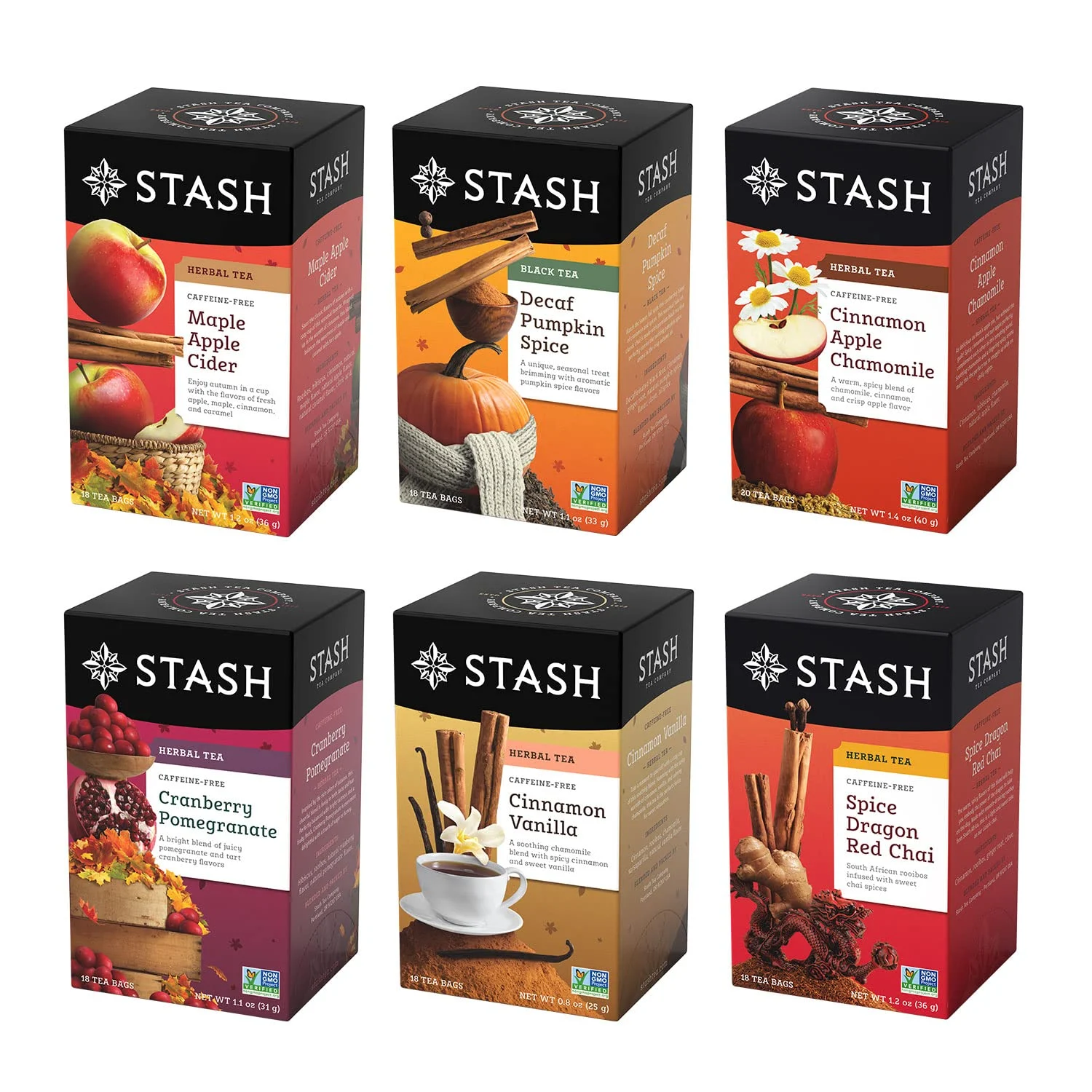 Stash Tea Fall for Autumn 6 Flavor Tea Sampler, 6 Boxes (120 Tea Bags Total)