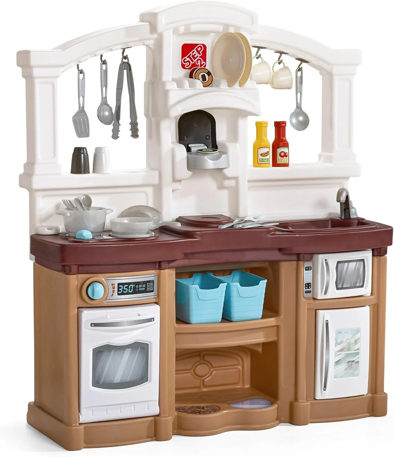 Step2 Fun with Friends Kids Kitchen Playset, Indoor/Outdoor Kitchenette, Interactive Play with Lights and Sounds, Durable Plastic, Includes 25 Piece Toy Accessories, Toddlers 2+ Years Old, Tan
