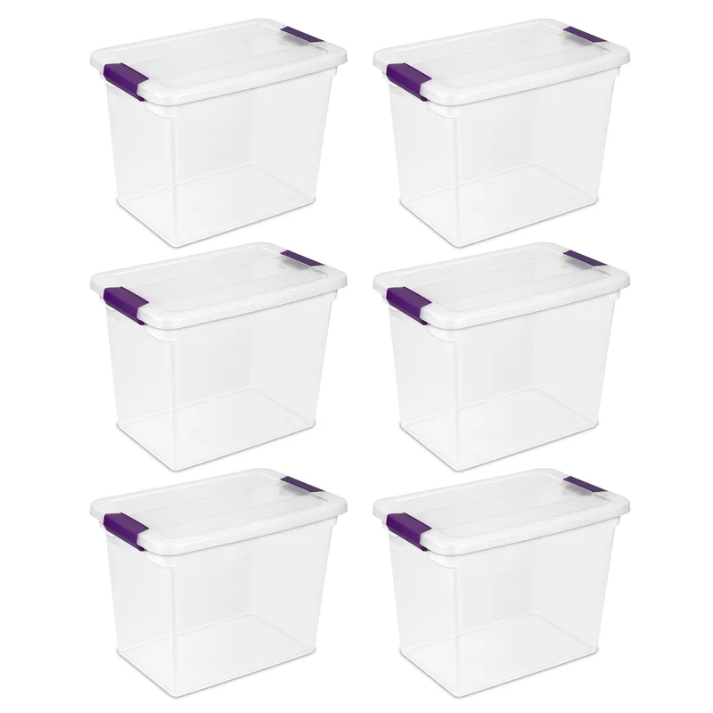 Sterilite 17631706 27 Quart/26 Liter ClearView Latch Box, Clear with Sweet Plum Latches, 6-Pack