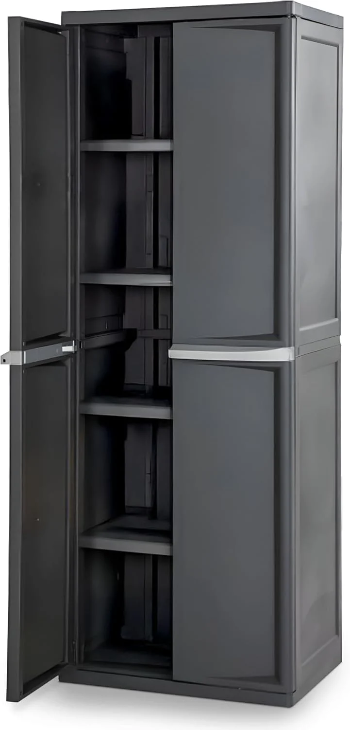 Sterilite 4 Shelf Cabinet, Lockable Utility Storage w/ Adjustable Shelves, Gray – Plastic Shelving Unit for Organizing Garage, Pantry, Basement, Laundry Room or Mudroom