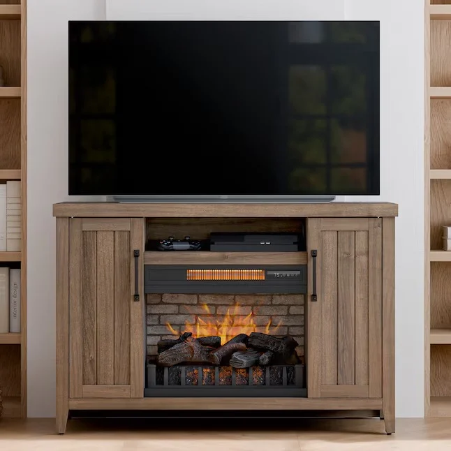 Style Selections 48-in W Brown Walnut Free standing Infrared quartz Flat wall Electric Fireplace with Remote Control Included