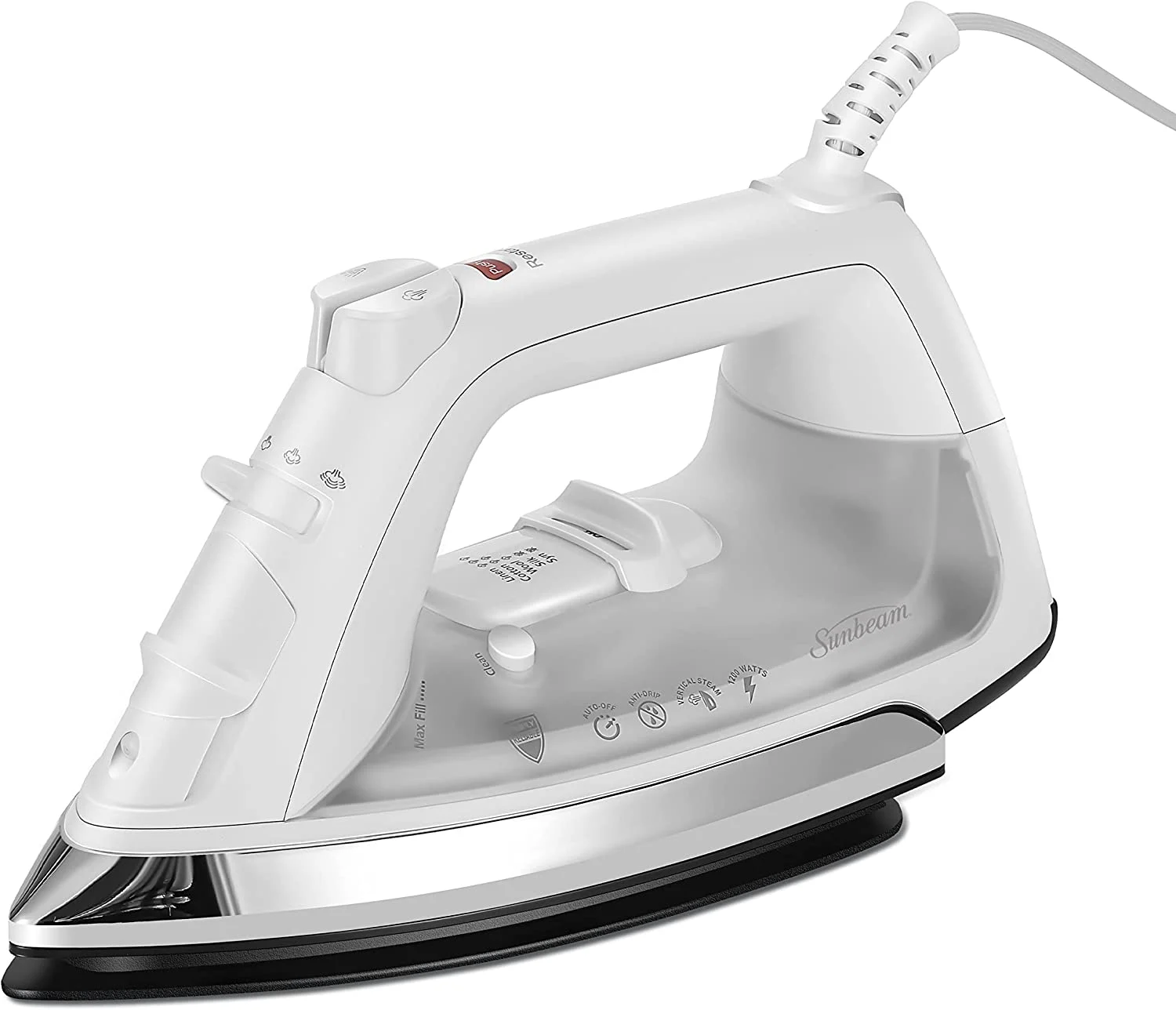 Sunbeam, White, GCSBC Classic 1200 Watt Mid-size Anti-Drip Non-Stick Soleplate Iron Steam/Vertical Shot feature and 8′ 360-degree Swivel Cord, Clear, GCSBCL-317-000