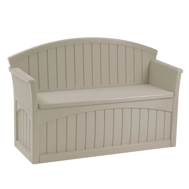Suncast PB6700 50 Gallon Patio Bench with Storage – Decorative Resin Outdoor Patio Bench in Light Taupe