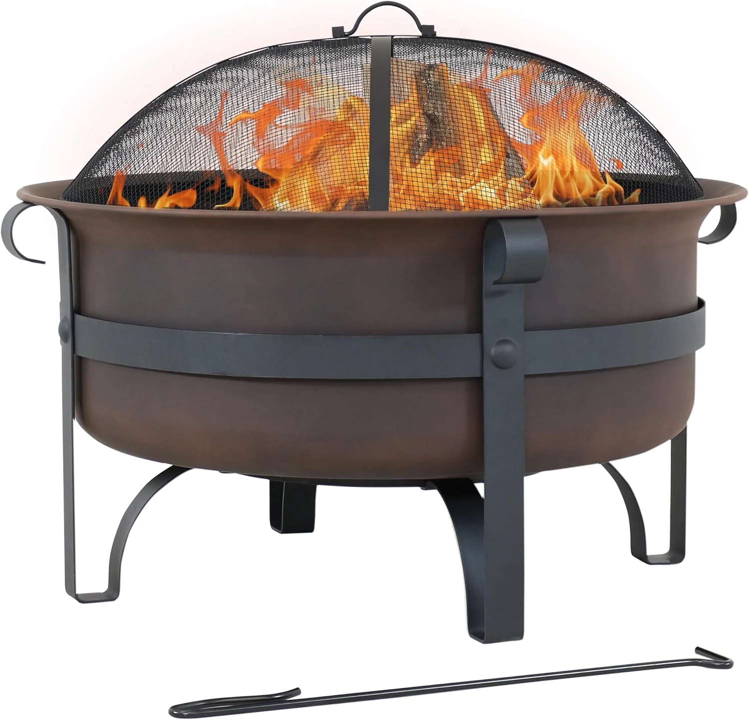 Sunnydaze 29-Inch Wood-Burning Outdoor Fire Pit – Bronze Cauldron Wood Fire Pit for Outside – Includes Poker and Spark Screen