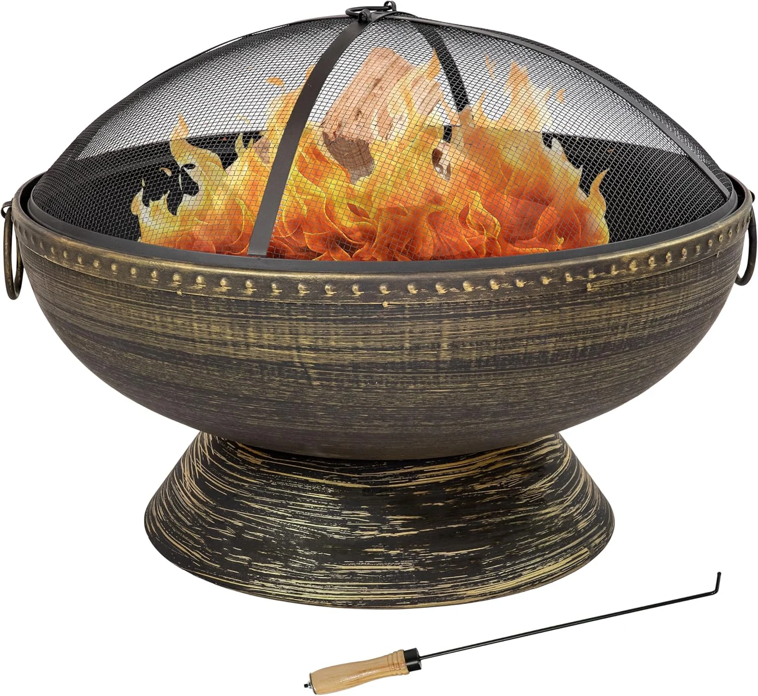 Sunnydaze 30-Inch Large Outdoor Fire Pit – Wood Burning Fire Pit for Outside with Poker and Screen – Black Finish – Regal Cauldron