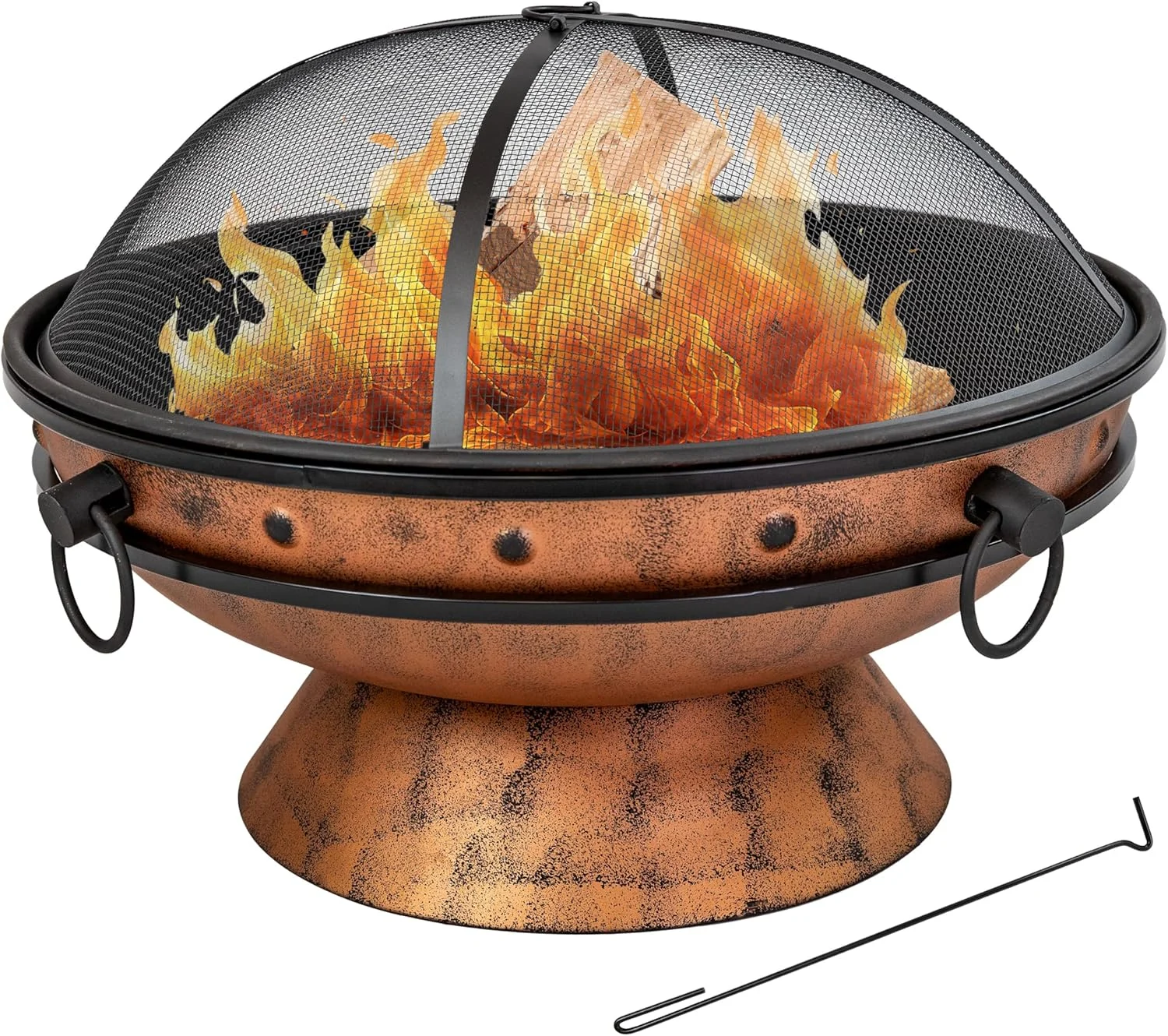 Sunnydaze 30-Inch Large Outdoor Fire Pit – Wood Burning Fire Pit for Outside with Poker and Screen – Copper Finish – Royal Cauldron