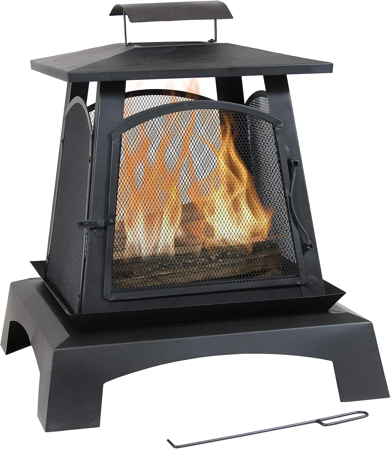 Sunnydaze 32-Inch Pagoda-Style Steel Wood-Burning Fire Pit with Log Grate and Poker – Black High-Temperature Paint Finish