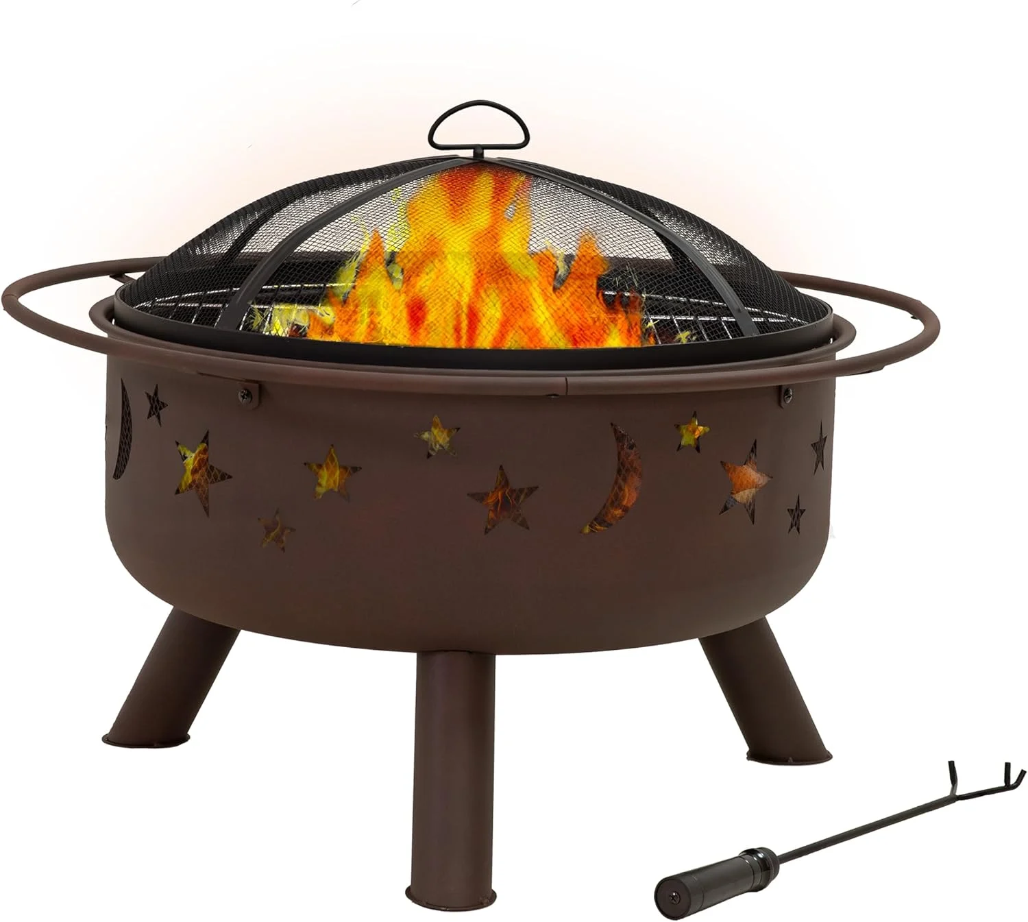 Sunnydaze Cosmic 30-Inch Patio Fire Pit for Outside – Outdoor Wood-Burning Fire Pit with Grill Grate, Spark Screen, and Fireplace Poker