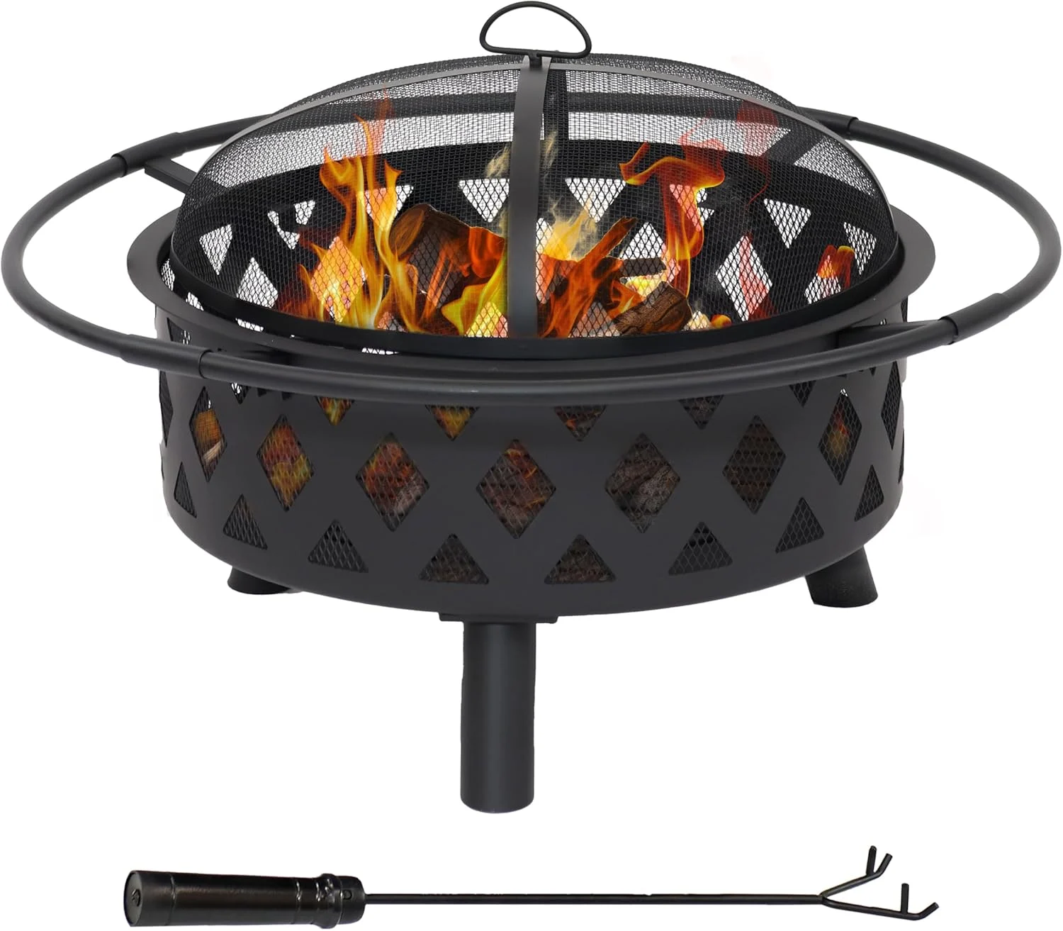 Sunnydaze Crossweave Outdoor Fire Pit – Wood-Burning Fire Pit for Outside with Spark Screen, Poker and Round Cover – 30-Inch – Black