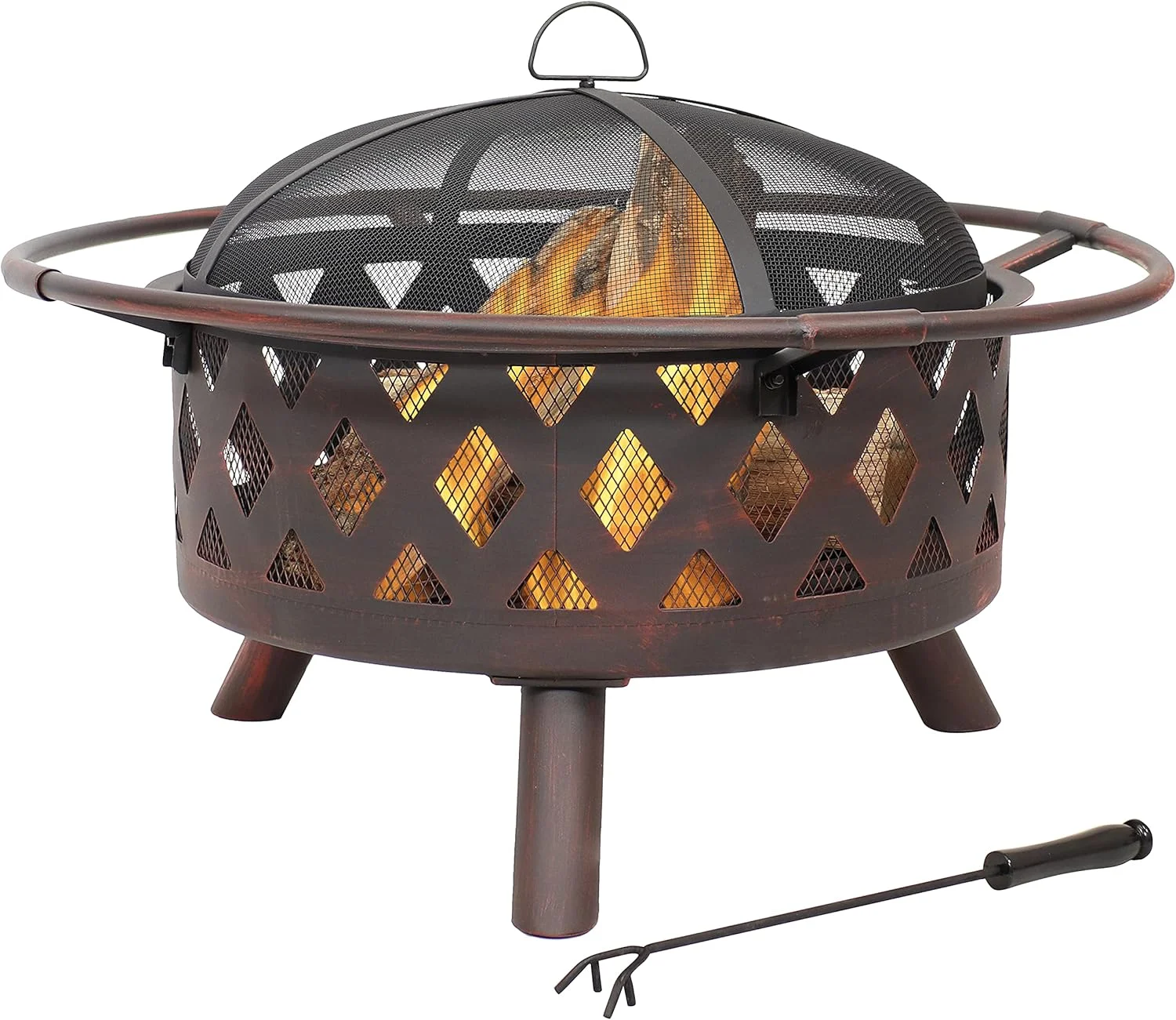 Sunnydaze Crossweave Outdoor Fire Pit – Wood-Burning Fire Pit for Outside with Spark Screen, Poker and Round Cover – 30-Inch – Bronze