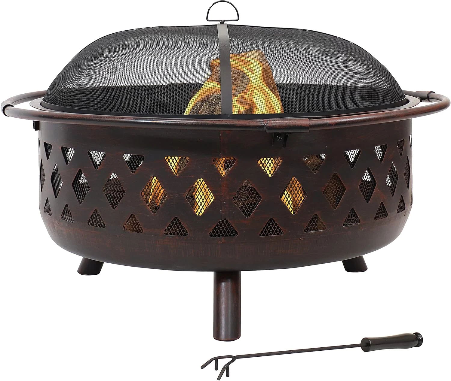 Sunnydaze Crossweave Outdoor Fire Pit – Wood-Burning Fire Pit for Outside with Spark Screen, Poker and Round Cover – 36-Inch – Bronze