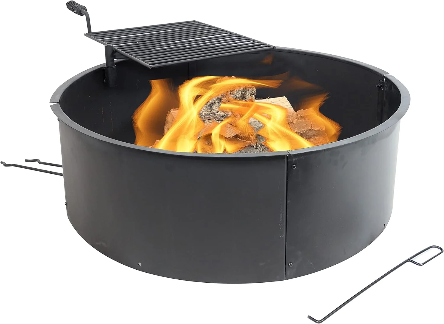 Sunnydaze Metal Fire Pit Ring – 36-Inch Outer/34-Inch Inner Diameter Steel Fire Ring with Cooking Grate and Poker
