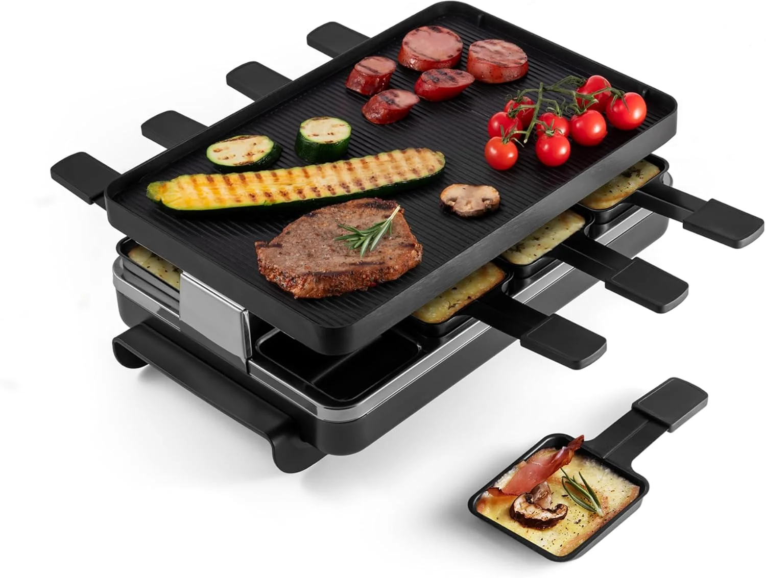 Swissmar Classic 8-Person Raclette Party Grill with Reversible Cast Aluminum Non-Stick Grill Plate/Crepe Top, Indoor Electric Raclette Grill & Griller – Black Grill Plate – Black