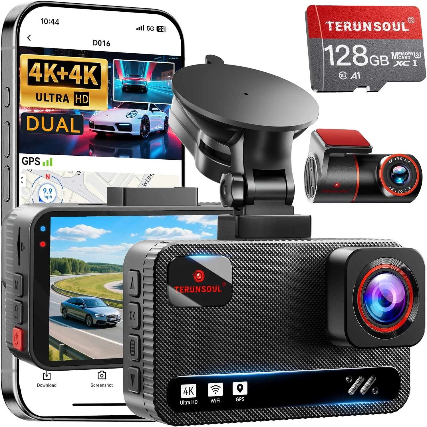 TERUNSOUl 4K+4K Dash Cam Front and Rear, Free 128GB Card Included, 5.8GHz WiFi Dash Camera for Cars, Built-in GPS, G-Sensor, 170°Wide Angle, 3″ IPS Screen, 24H Parking Mode, Support 512GB Max