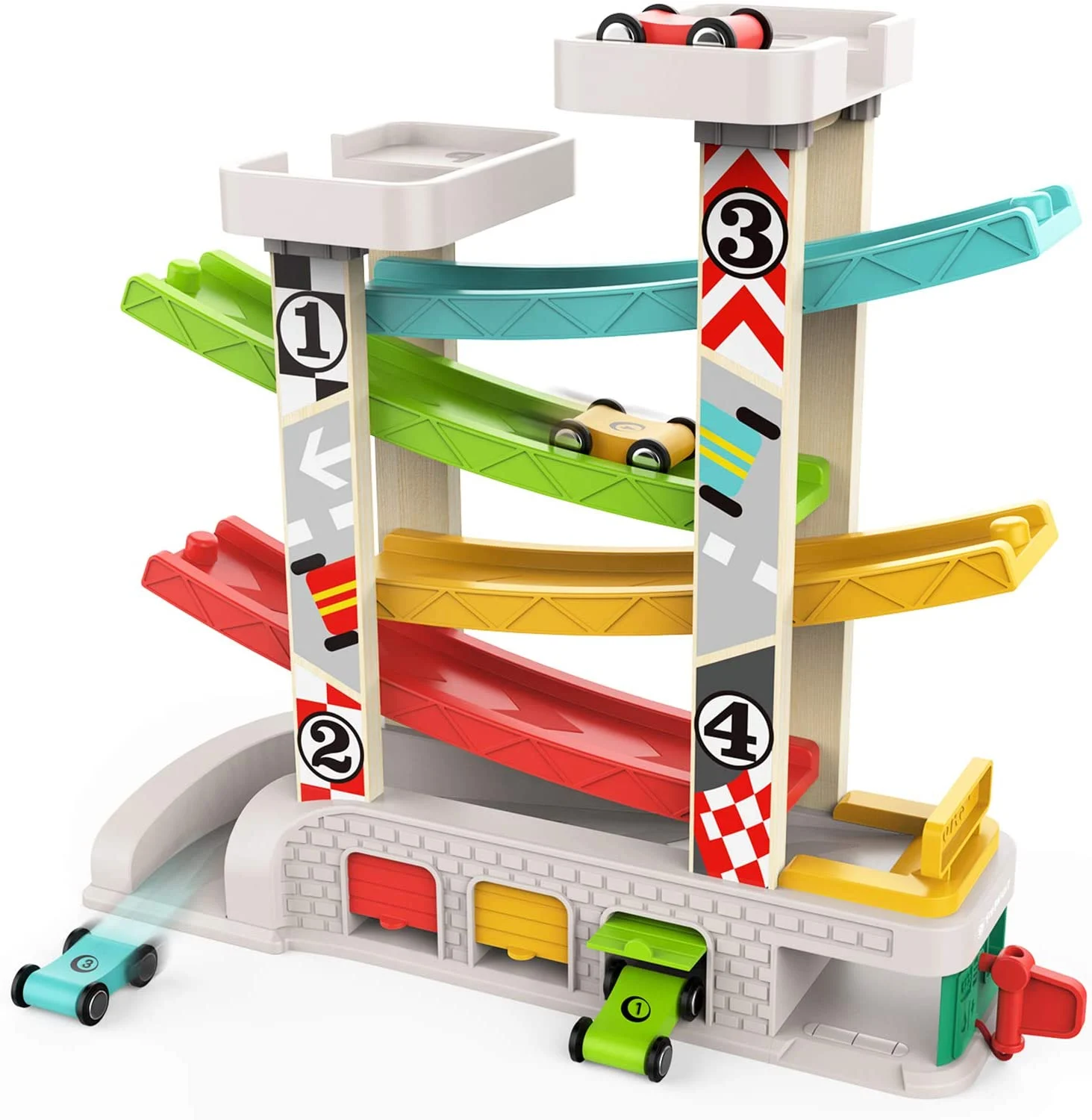 TOP BRIGHT Car Ramp Toy with 4 Wooden Cars and 3 Car Garage