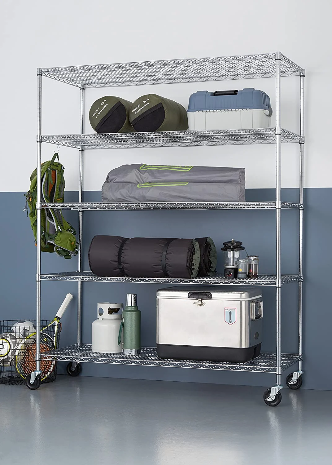 TRINITY 5-Tier Heavy Duty Wire Shelving Rack, 60″ x 24″ x 72″ NSF, Includes Wheels, Chrome