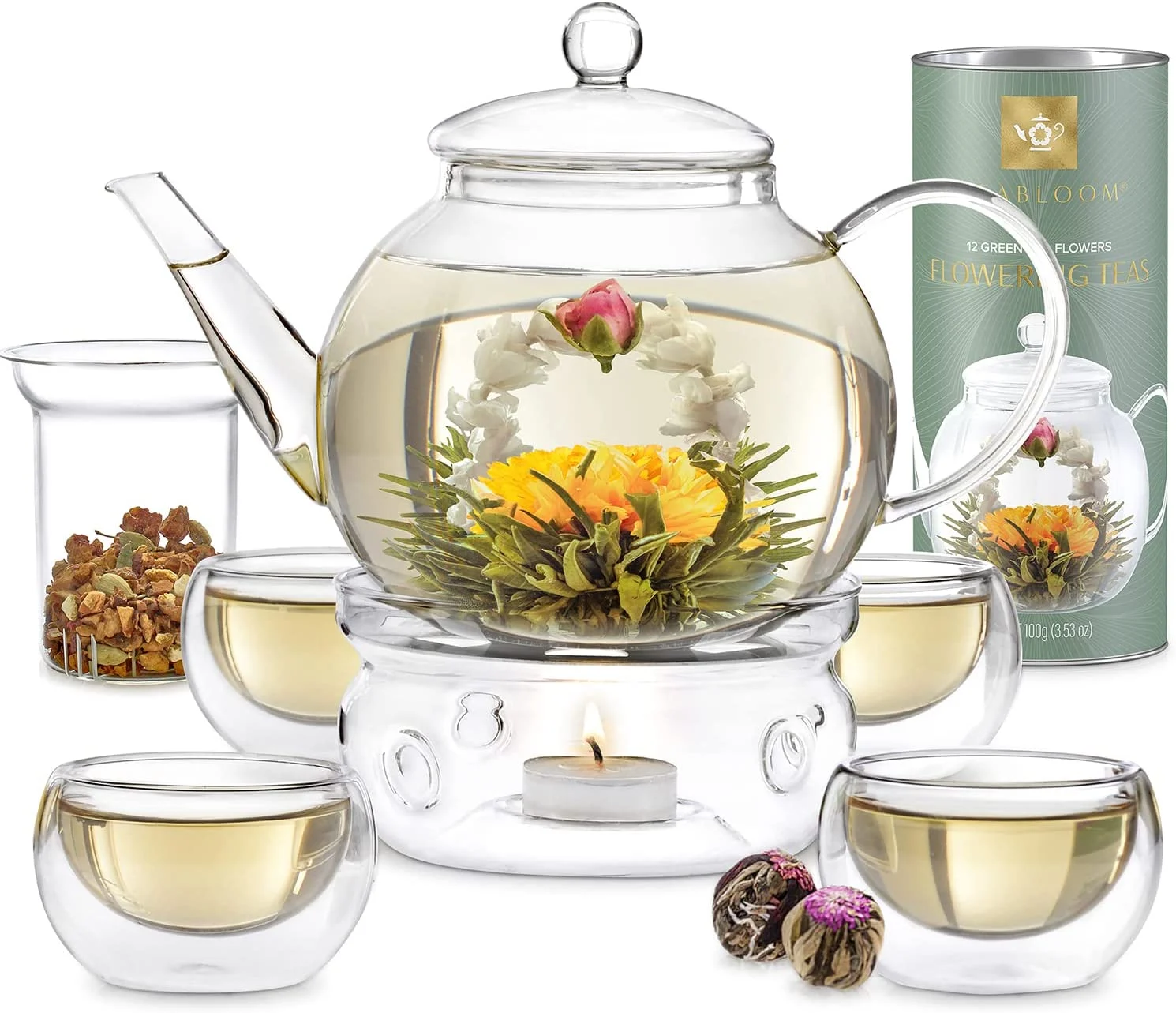 Teabloom Complete Tea Set – Glass Teapot (40 OZ), Loose Tea Glass Infuser, 4 Insulated Glass Teacups, Tea Warmer, and 12 Flowering Teas – Elegant Blooming Tea Gift Set