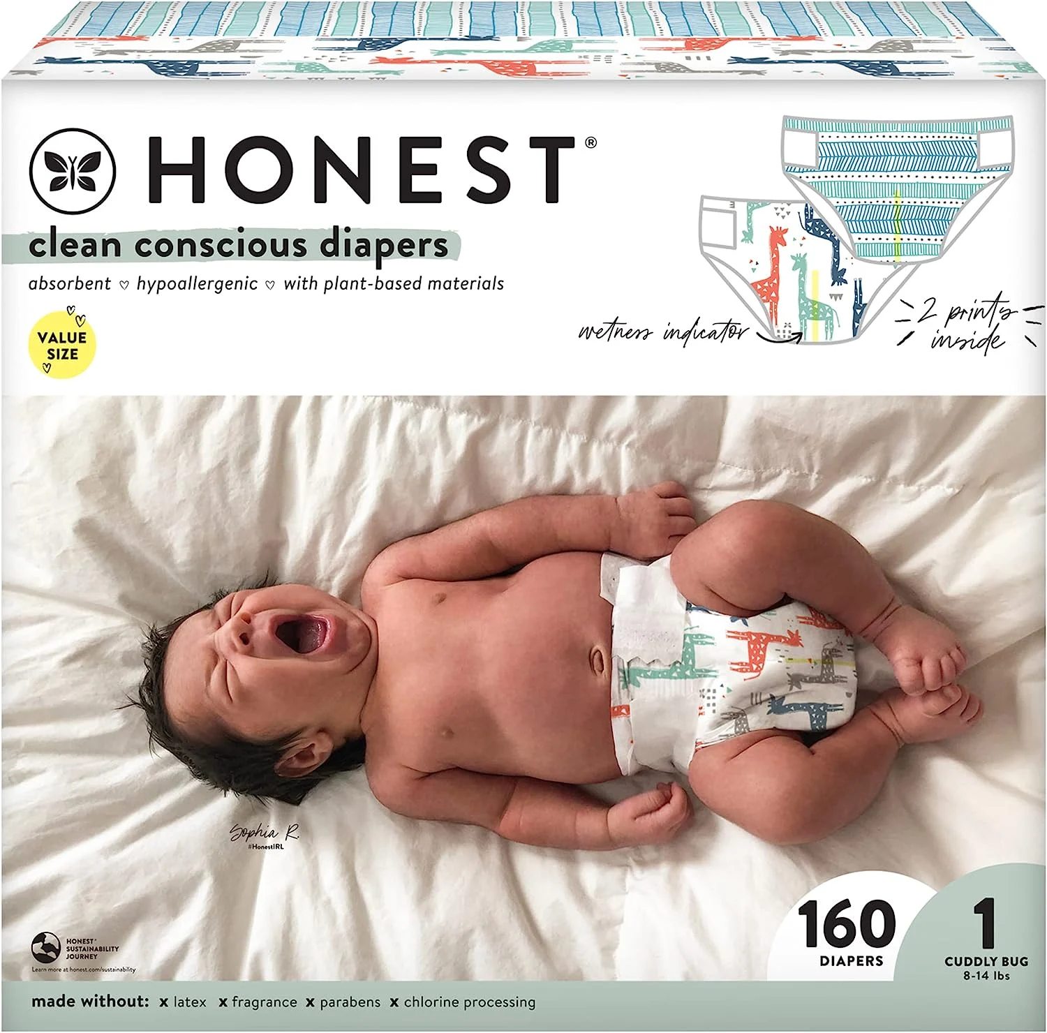 The Honest Company Clean Conscious Diapers | Plant-Based, Sustainable | Dots & Dashes + Multi-Colored Giraffes | Super Club Box, Size 1 (8-14 lbs), 160 Count