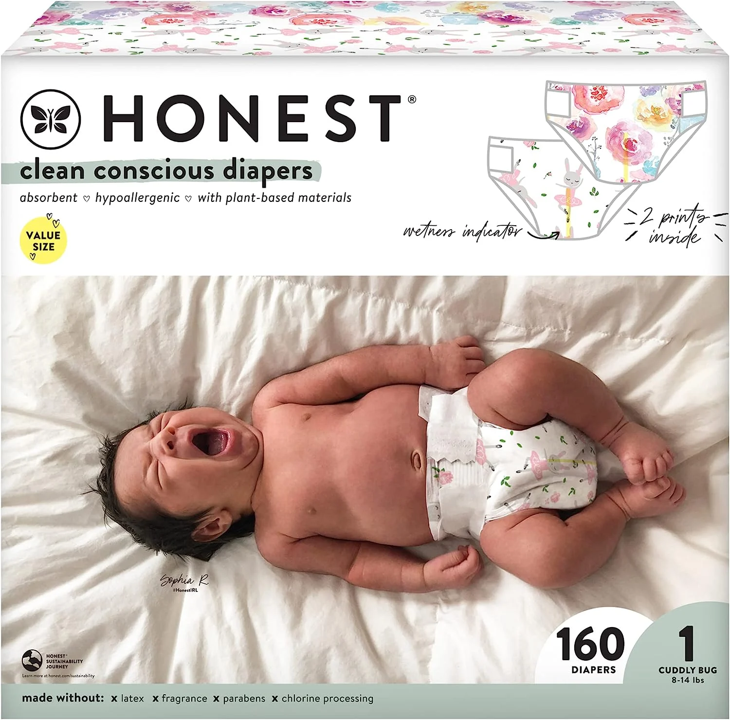 The Honest Company Clean Conscious Diapers | Plant-Based, Sustainable | Rose Blossom + Tutu Cute | Super Club Box, Size 1 (8-14 lbs), 160 Count