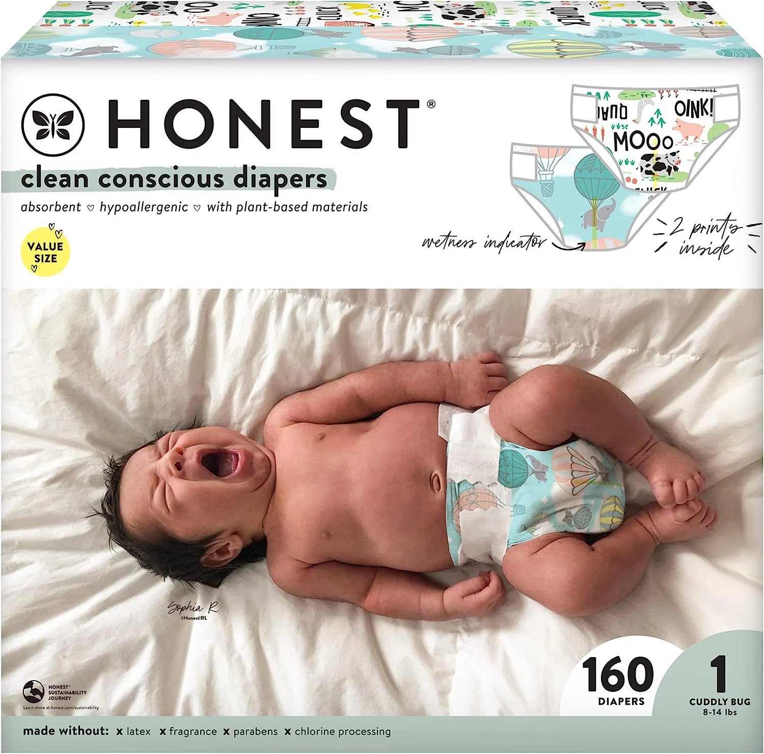 The Honest Company Clean Conscious Diapers | Plant-Based, Sustainable | Above It All + Barnyard Babies | Super Club Box, Size 1 (8-14 lbs), 160 Count