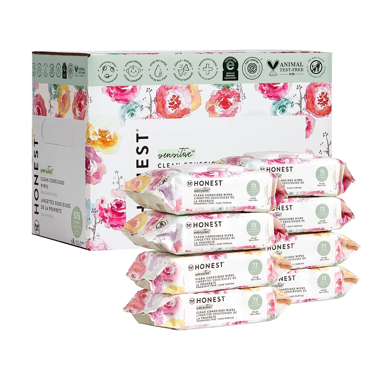 The Honest Company Clean Conscious Wipes | 99% Water, Compostable, Plant-Based, Baby Wipes | Hypoallergenic, EWG Verified | Rose Blossom, 576 Count